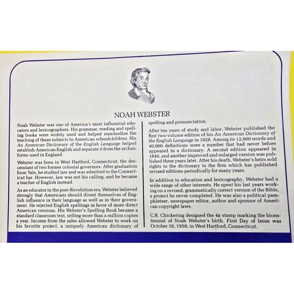 Noah Webster Author Of The Important Dictionary Written In The United States FDC - Picture 3 of 3
